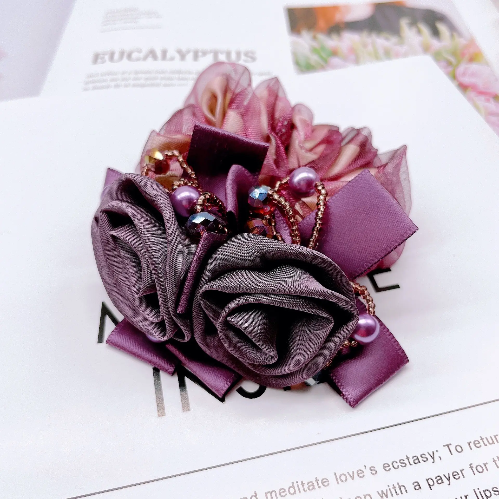 Blue Chiffon Rose Silk Hair Band with Beaded Circles - Image 4