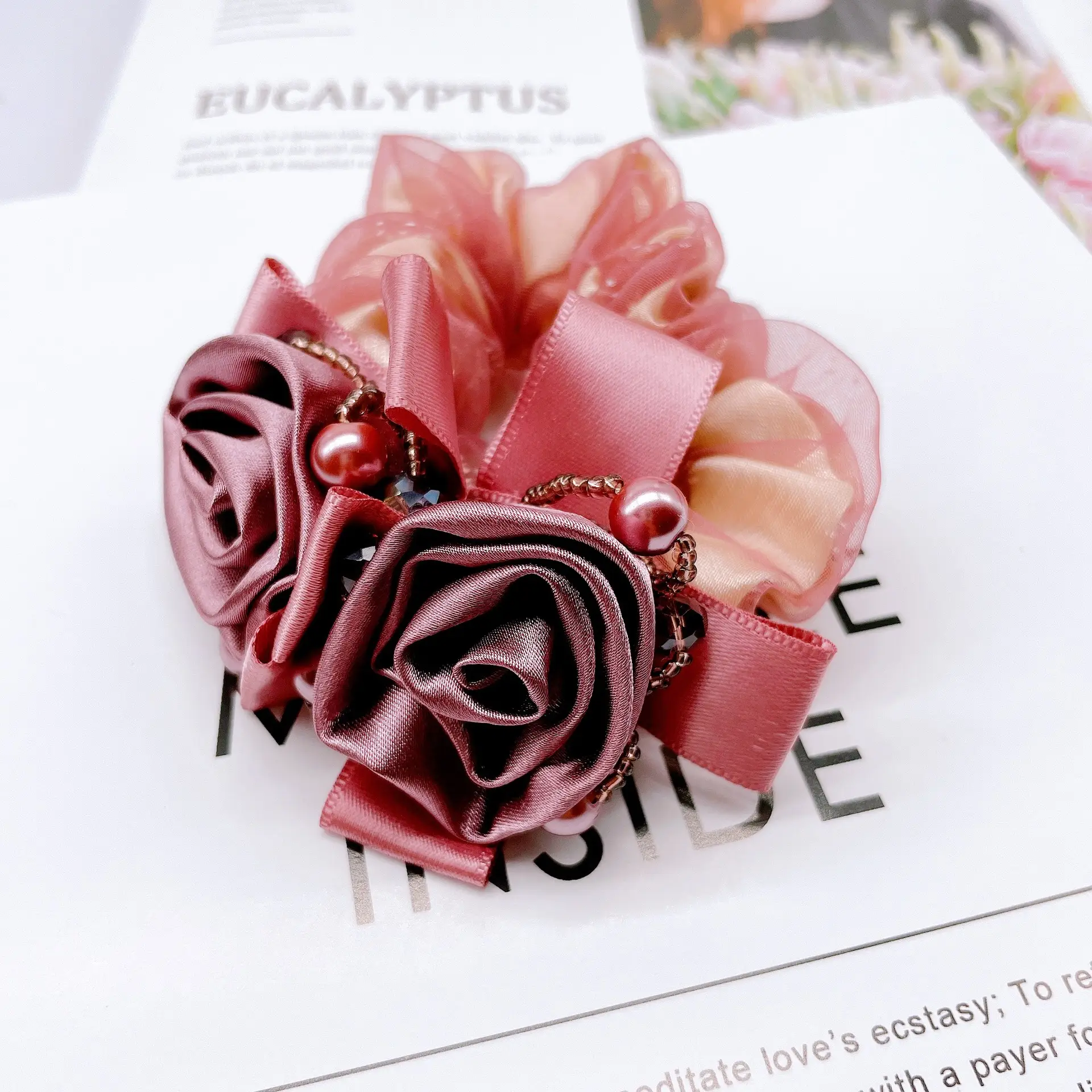 Blue Chiffon Rose Silk Hair Band with Beaded Circles - Image 3