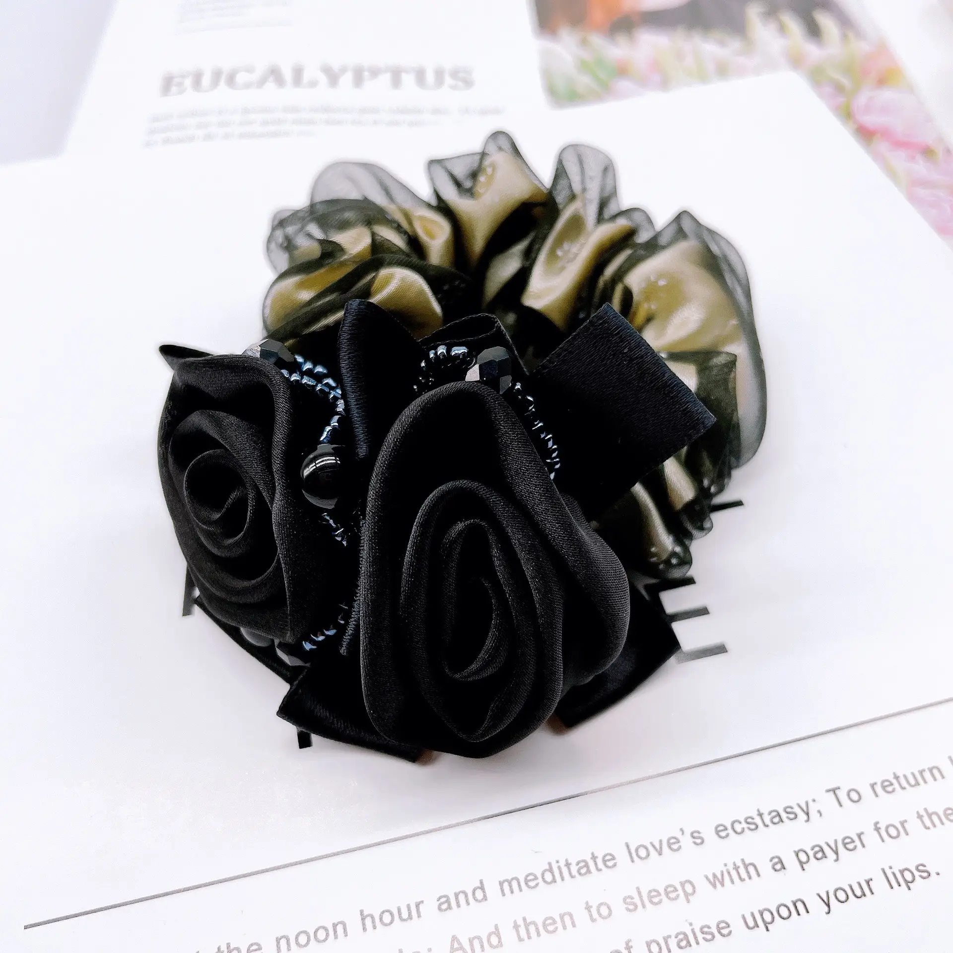 Blue Chiffon Rose Silk Hair Band with Beaded Circles - Image 2