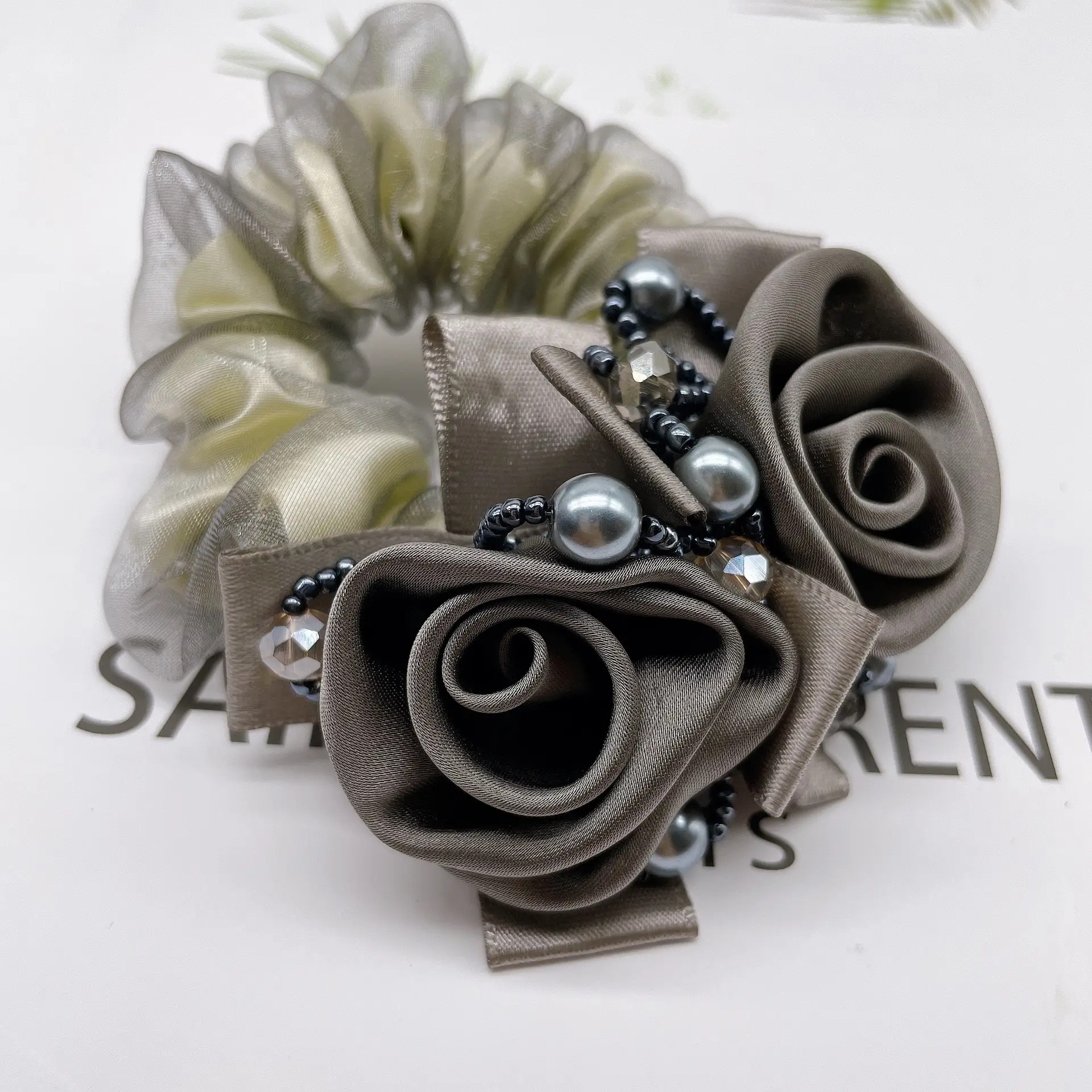 Blue Chiffon Rose Silk Hair Band with Beaded Circles - Image 9