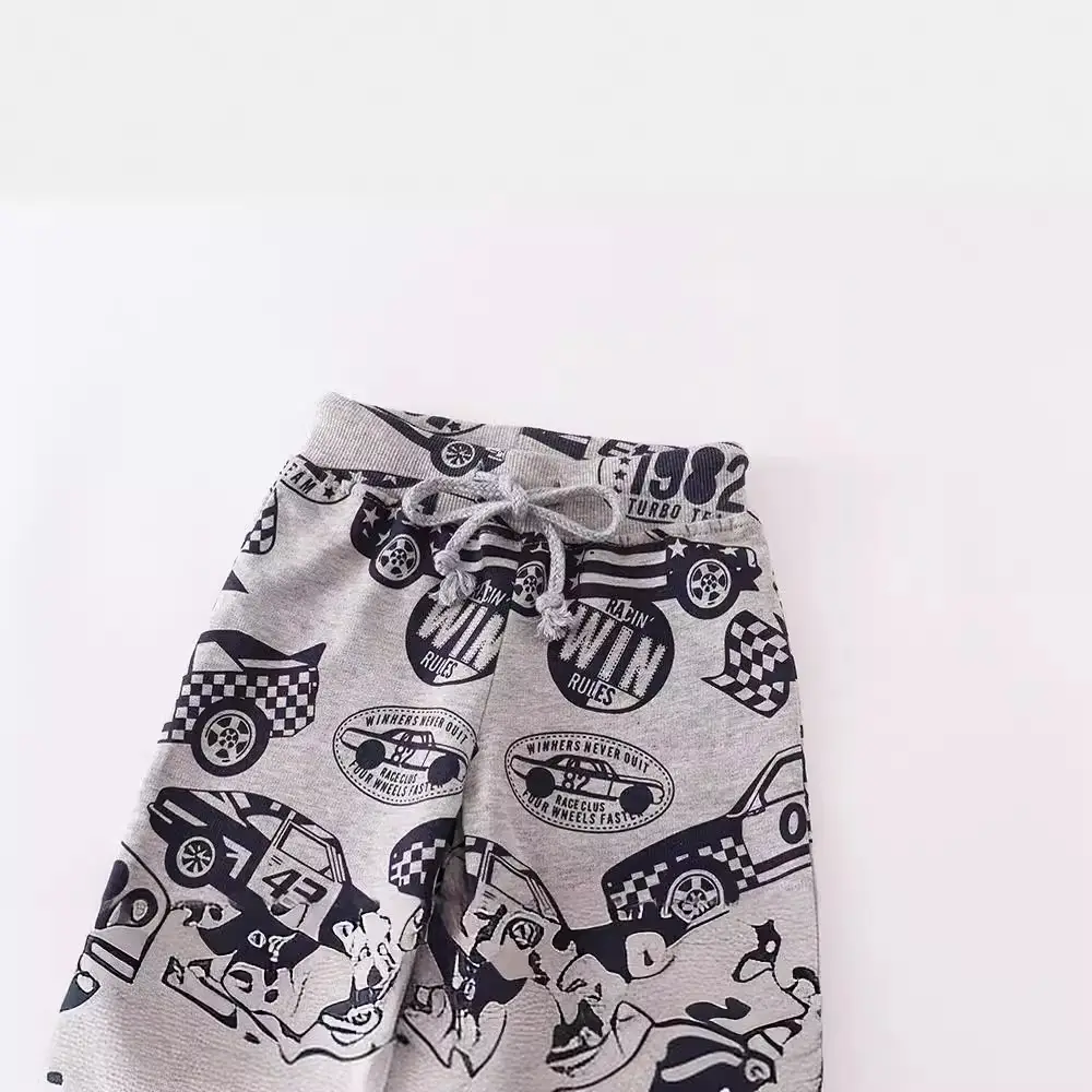 Kids Cotton Terry Trousers Gray Car Print Autumn Winter - Image 2