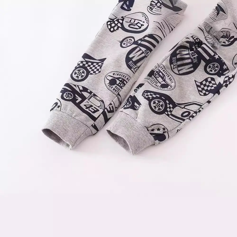 Kids Cotton Terry Trousers Gray Car Print Autumn Winter - Image 4