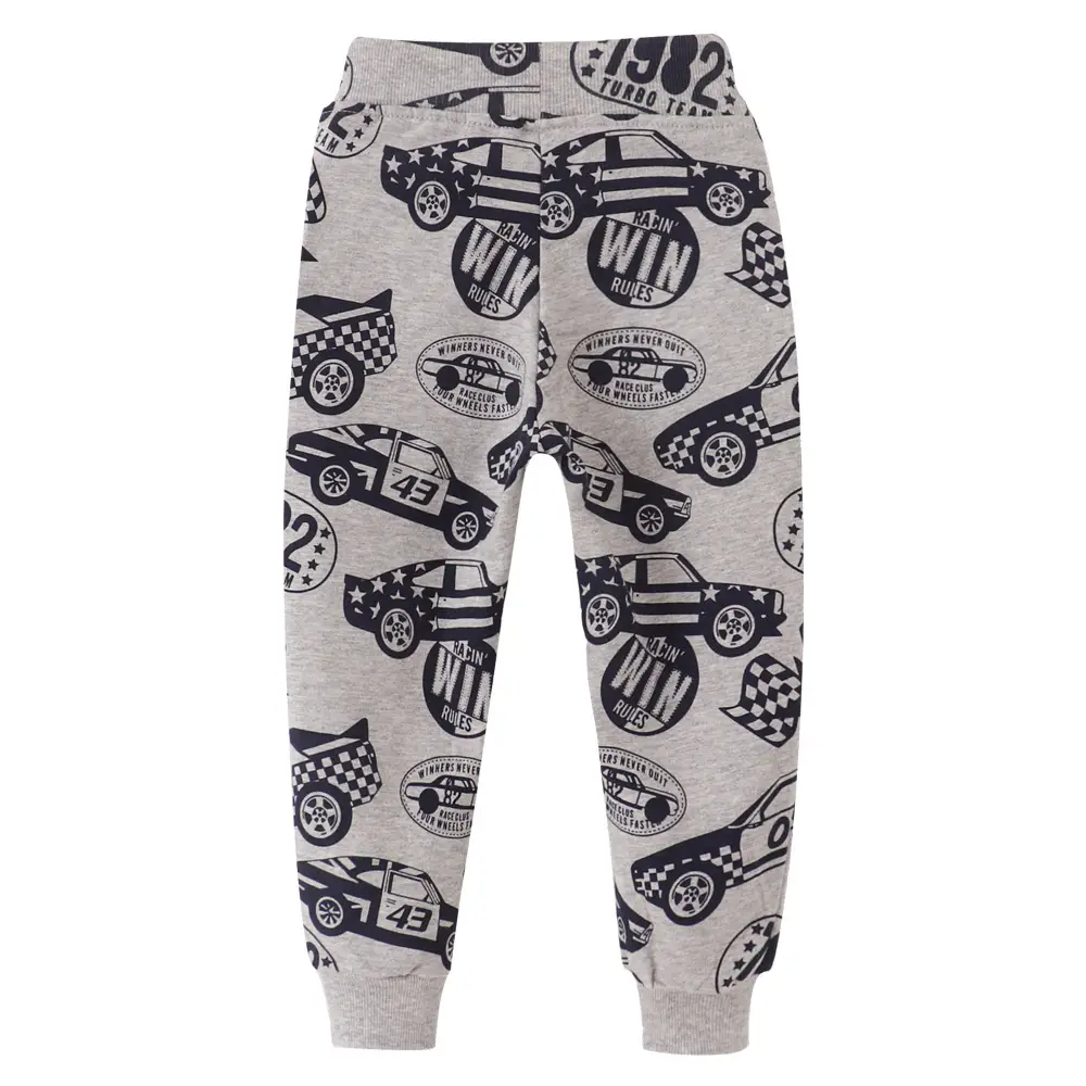 Kids Cotton Terry Trousers Gray Car Print Autumn Winter - Image 5