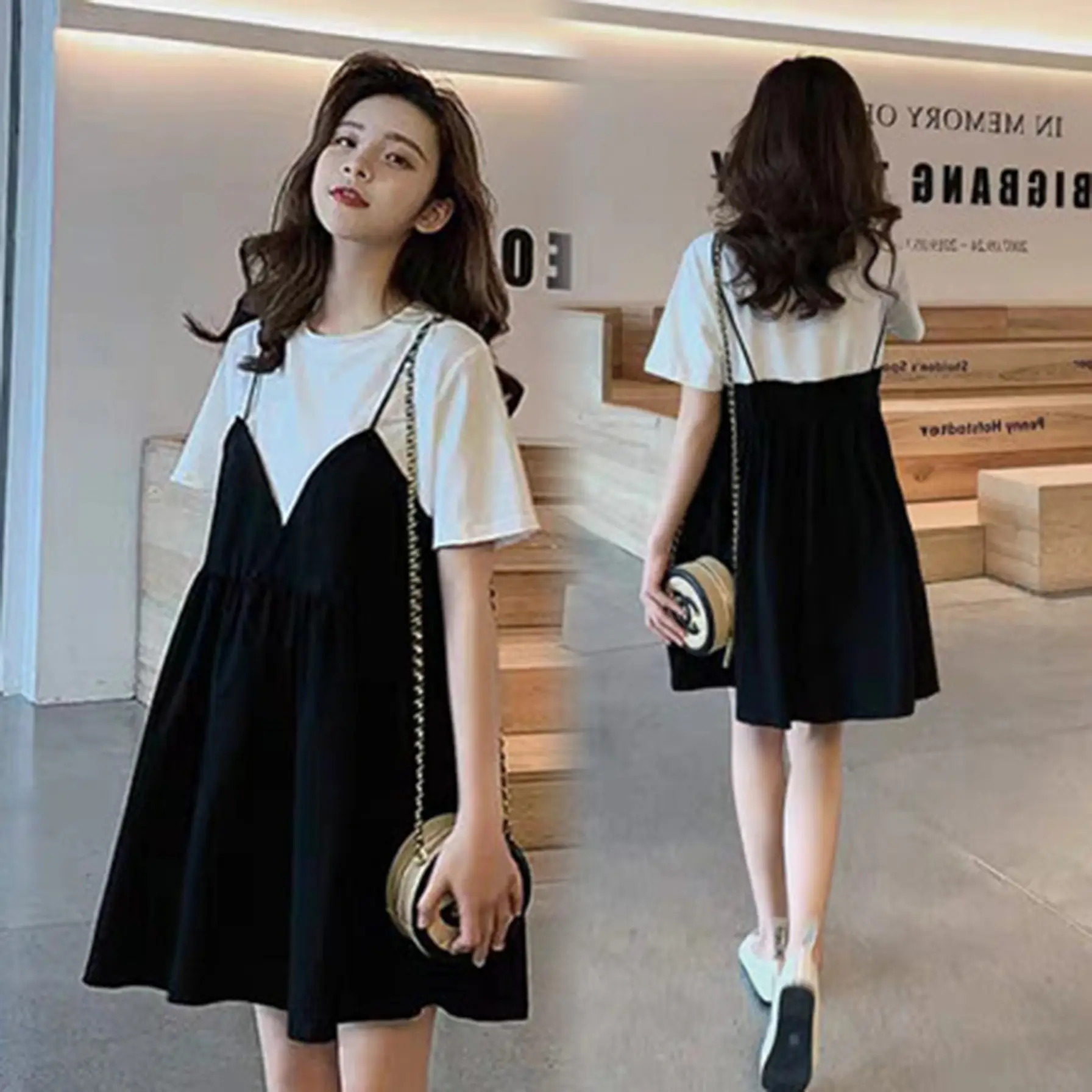 Pregnant Women's Black White V-Neck Dress Summer 2021 - Image 4