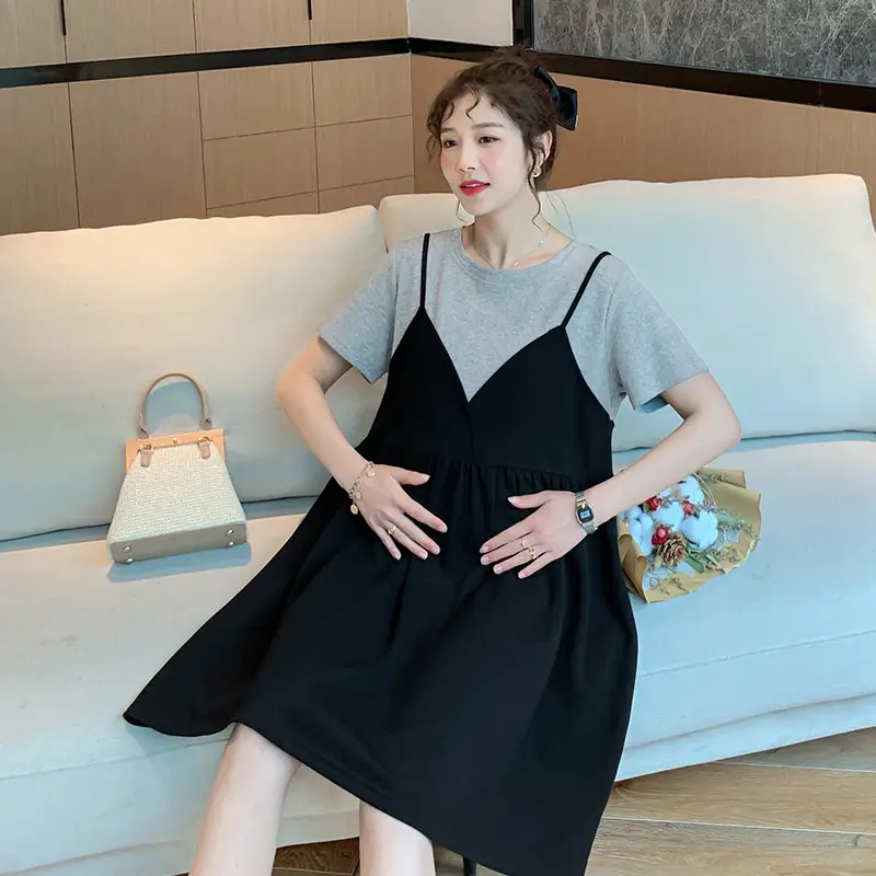 Pregnant Women's Black White V-Neck Dress Summer 2021 - Image 5