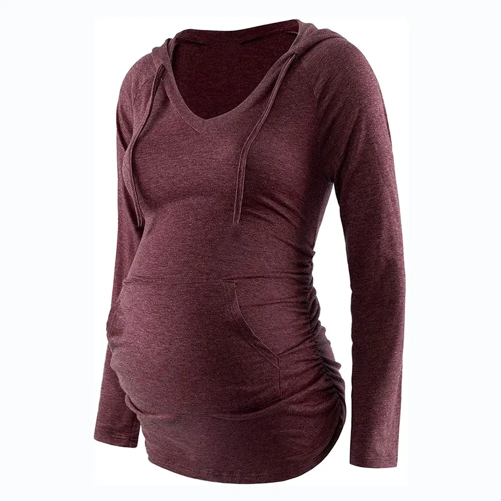 Maternity Hooded V-Neck Long Sleeve Top Maroon - Image 6
