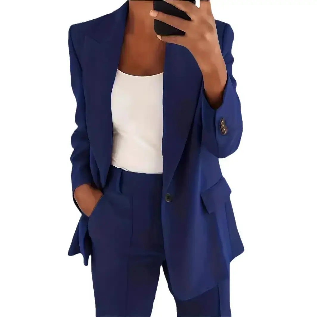 Women's Navy Blue Slim Fit Lapel Suit Jacket - Image 45
