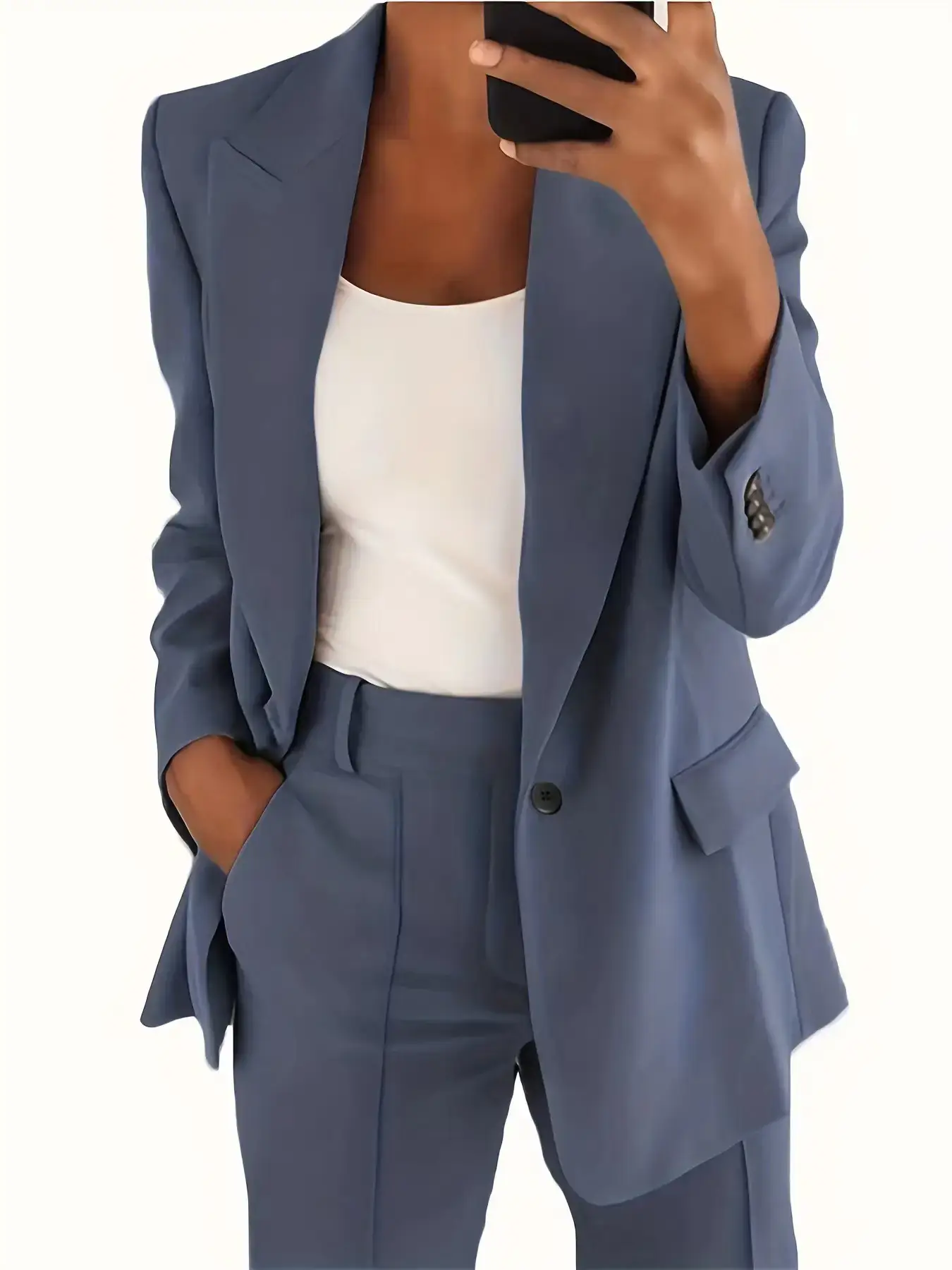 Women's Navy Blue Slim Fit Lapel Suit Jacket - Image 5
