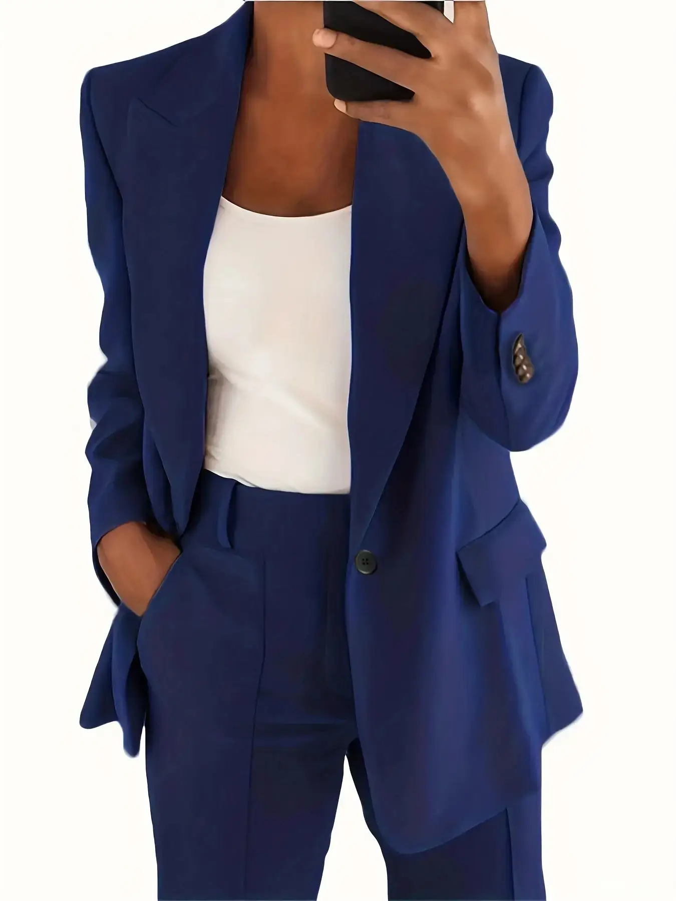 Women's Navy Blue Slim Fit Lapel Suit Jacket - Image 6
