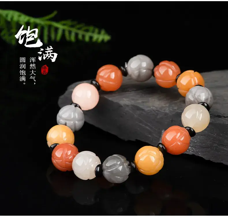 Natural Golden Jade Lotus Bracelet Ice Gobi Style Vintage — feature 9