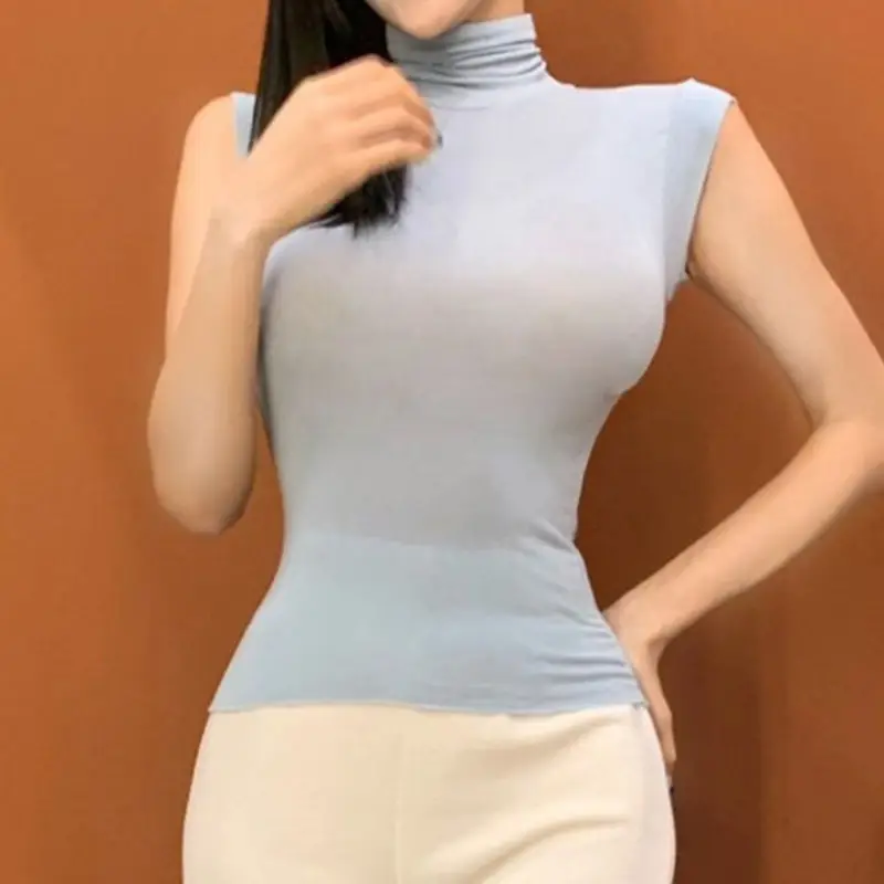 Women Slim Fit Stretch Sleeveless Vest High Neck Top Olive Green - Image 9