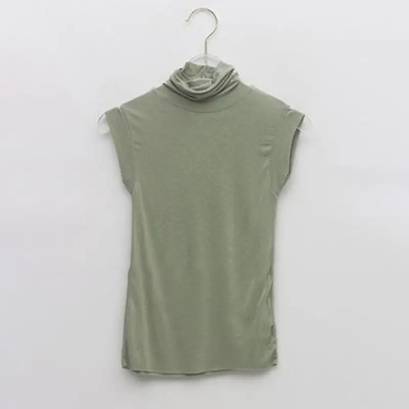 Women Slim Fit Stretch Sleeveless Vest High Neck Top Olive Green - Image 2