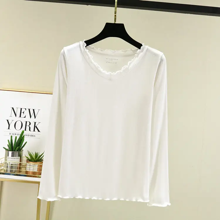 White V-Neck Lace Long Sleeve T-Shirt for Women