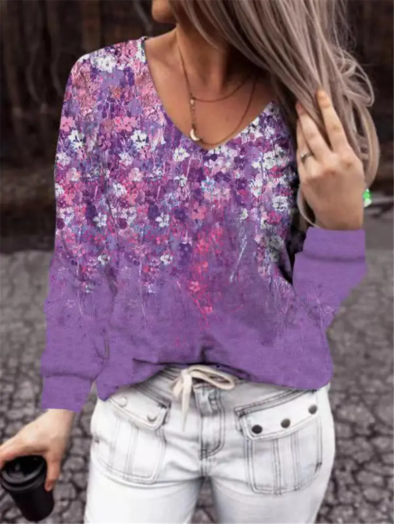 Women Printed V-Neck Long Sleeve T-Shirt Teal