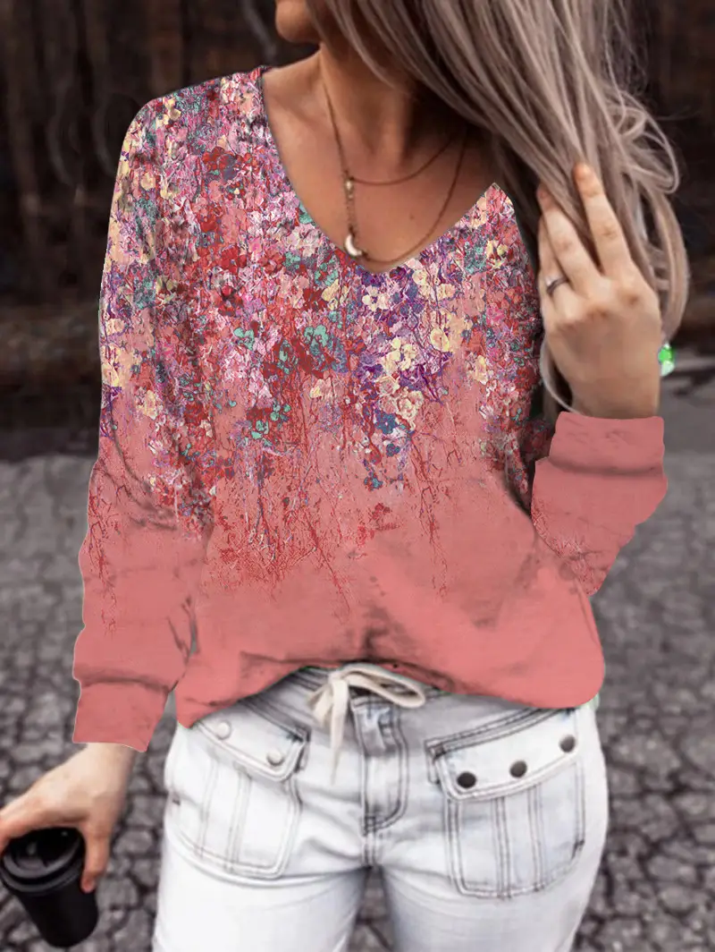 Women Printed V-Neck Long Sleeve T-Shirt Teal