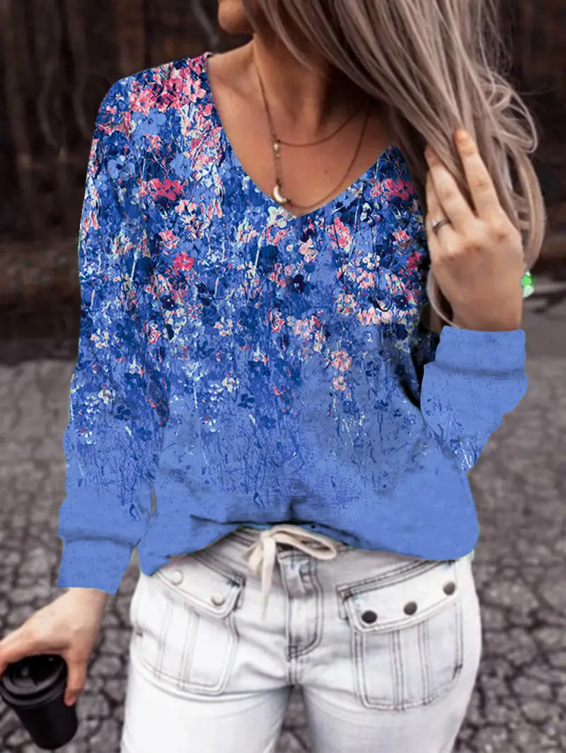 Women Printed V-Neck Long Sleeve T-Shirt Teal