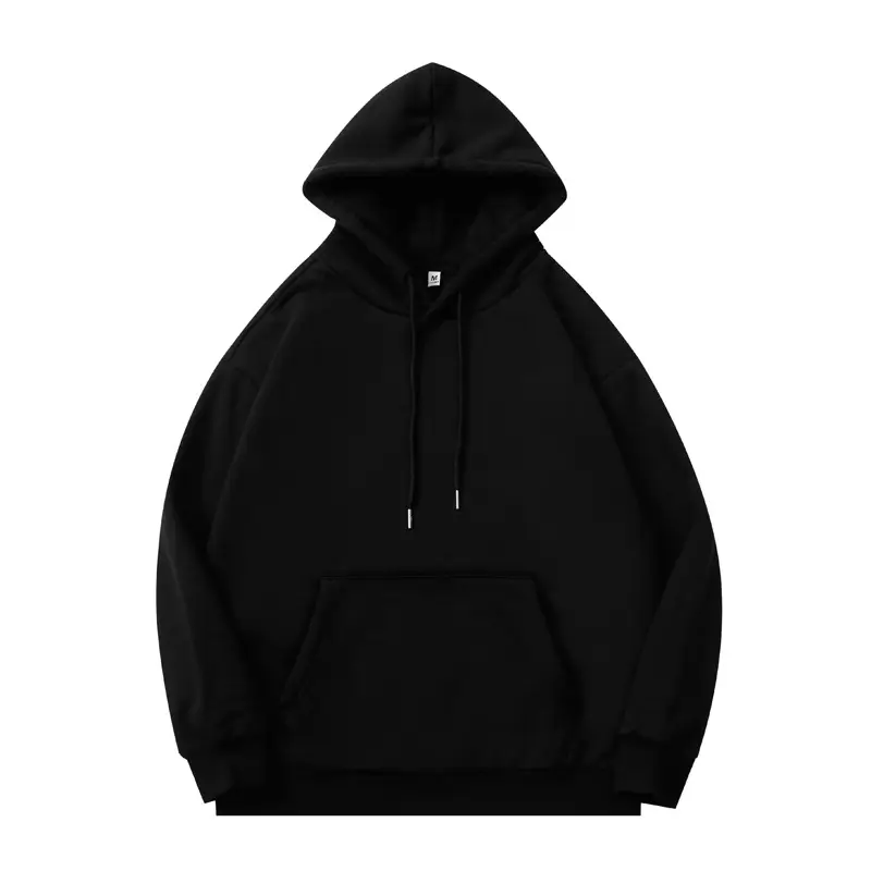 Men Black Fleece Hoodie Solid Color Loose Fit - Image 2