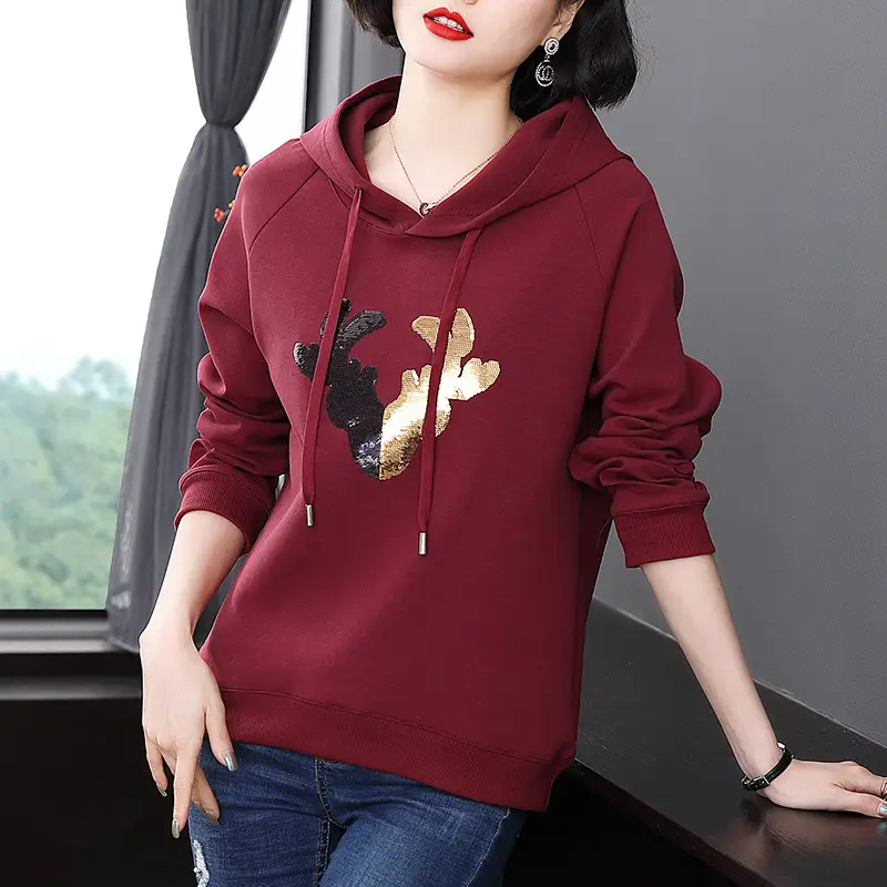 Women Maroon Hooded Sweatshirt with Cactus Embroidery - Image 2