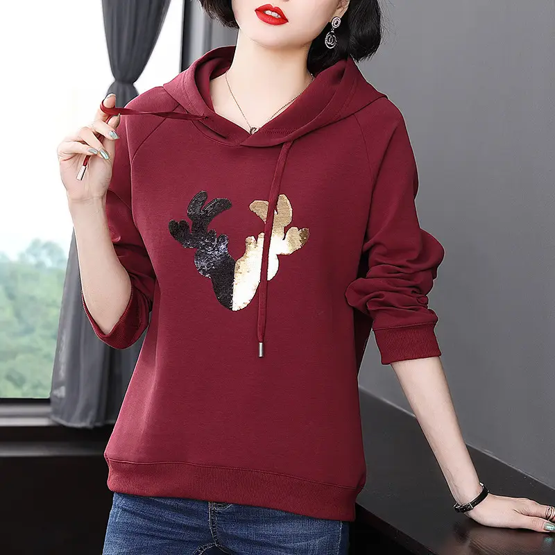 Women Maroon Hooded Sweatshirt with Cactus Embroidery - Image 3