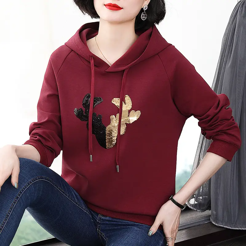 Women Maroon Hooded Sweatshirt with Cactus Embroidery - Image 4