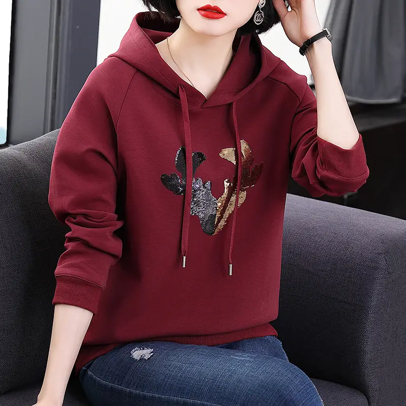 Women Maroon Hooded Sweatshirt with Cactus Embroidery - Image 5