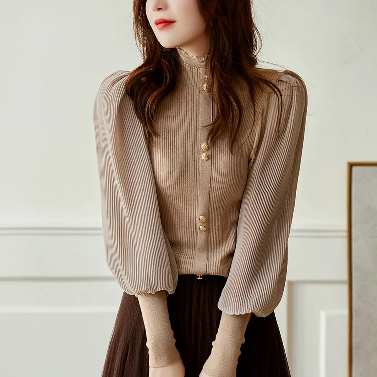 Women Ruffled Chiffon Patchwork Sweater Brown 2022 - Image 7