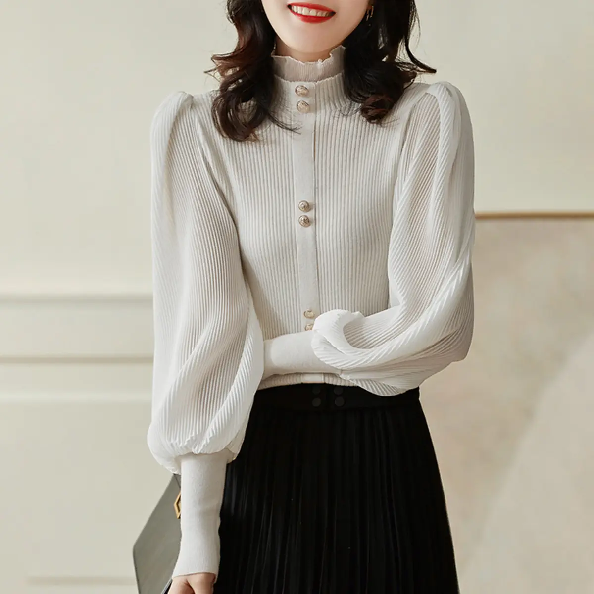 Women Ruffled Chiffon Patchwork Sweater Brown 2022 - Image 8