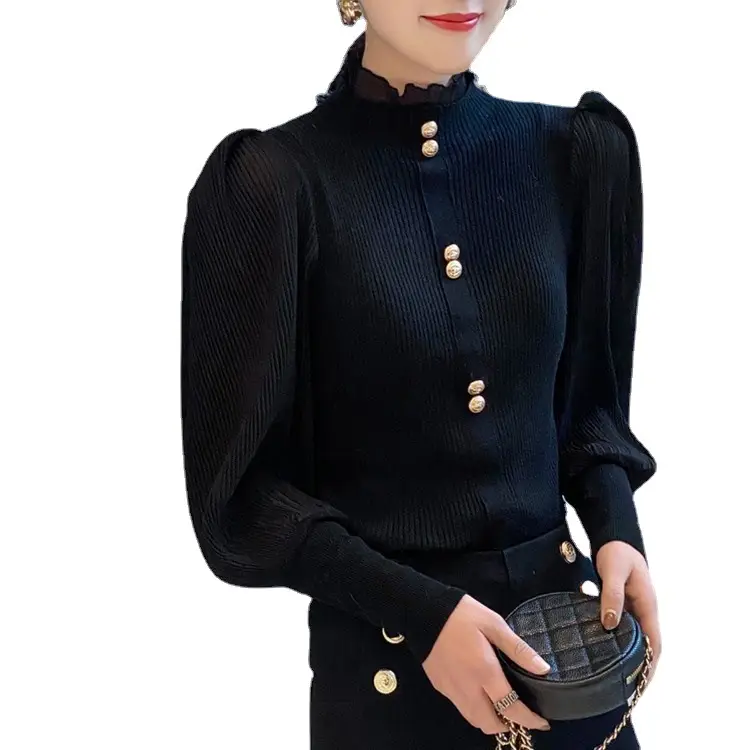 Women Ruffled Chiffon Patchwork Sweater Brown 2022 - Image 9