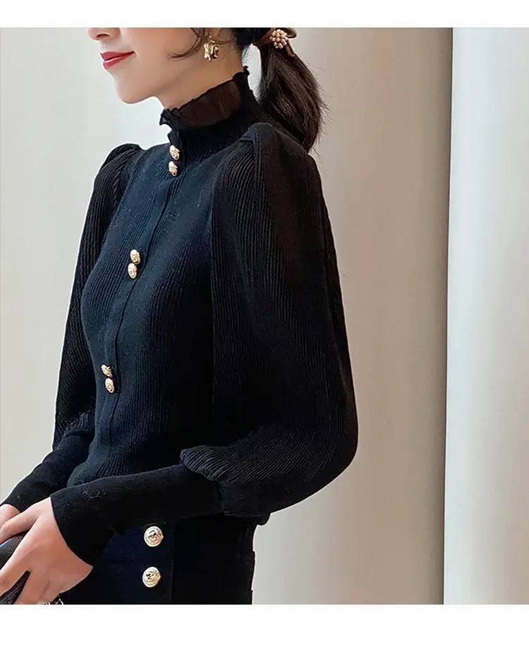Women Ruffled Chiffon Patchwork Sweater Brown 2022 — feature 10