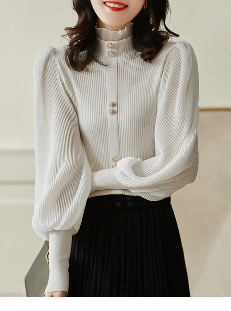 Women Ruffled Chiffon Patchwork Sweater Brown 2022 — feature 2