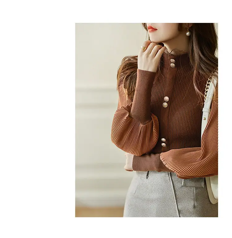 Women Ruffled Chiffon Patchwork Sweater Brown 2022 — feature 3