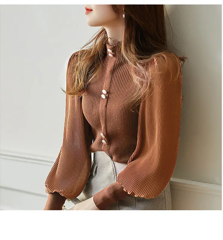 Women Ruffled Chiffon Patchwork Sweater Brown 2022 — feature 4