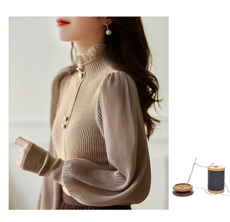 Women Ruffled Chiffon Patchwork Sweater Brown 2022 — feature 5