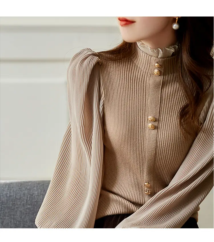 Women Ruffled Chiffon Patchwork Sweater Brown 2022 — feature 6
