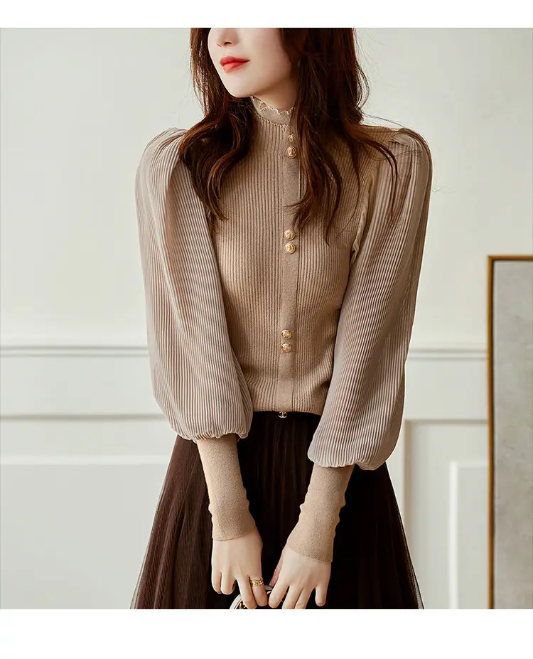 Women Ruffled Chiffon Patchwork Sweater Brown 2022 — feature 7