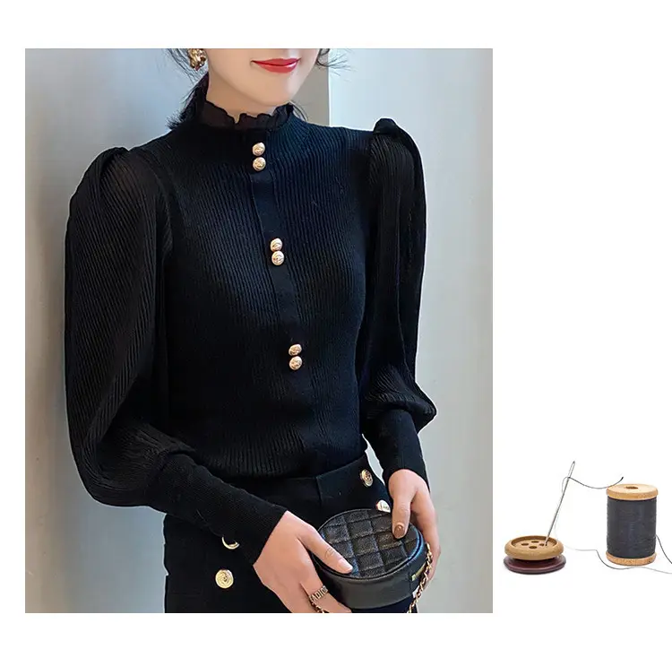 Women Ruffled Chiffon Patchwork Sweater Brown 2022 — feature 8