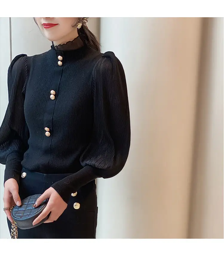Women Ruffled Chiffon Patchwork Sweater Brown 2022 — feature 9