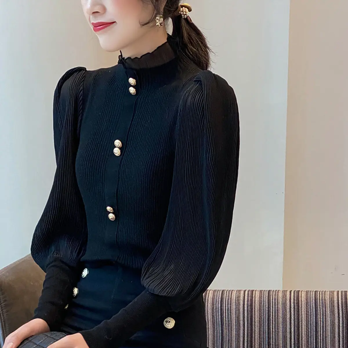 Women Ruffled Chiffon Patchwork Sweater Brown 2022 - Image 2