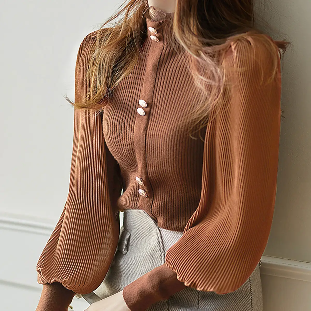 Women Ruffled Chiffon Patchwork Sweater Brown 2022 - Image 3