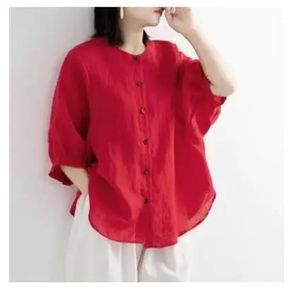 Women Linen Shirt Purple Loose Sleeve Large