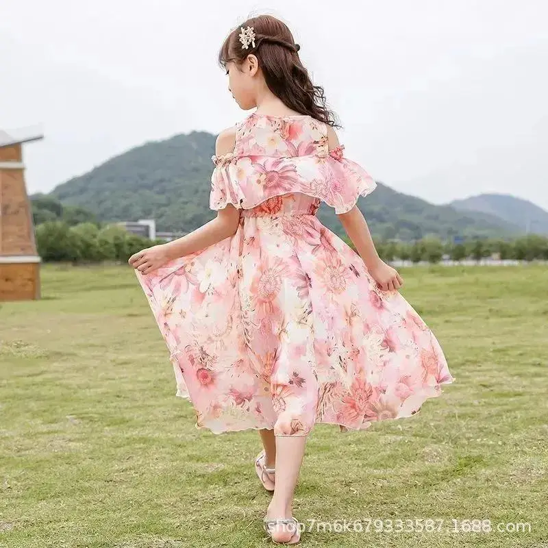 Girls Printed Off-Shoulder Dress 2021 Summer - Image 4