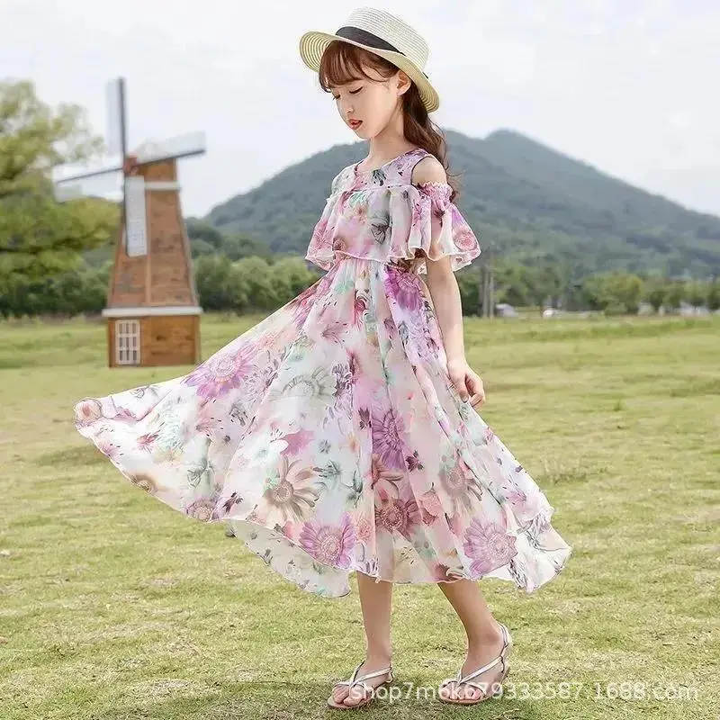 Girls Printed Off-Shoulder Dress 2021 Summer - Image 5