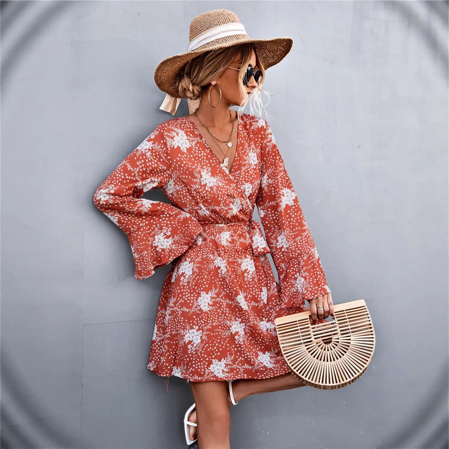 Bell Sleeve V-Neck Printed Long Sleeve Dress - Image 4