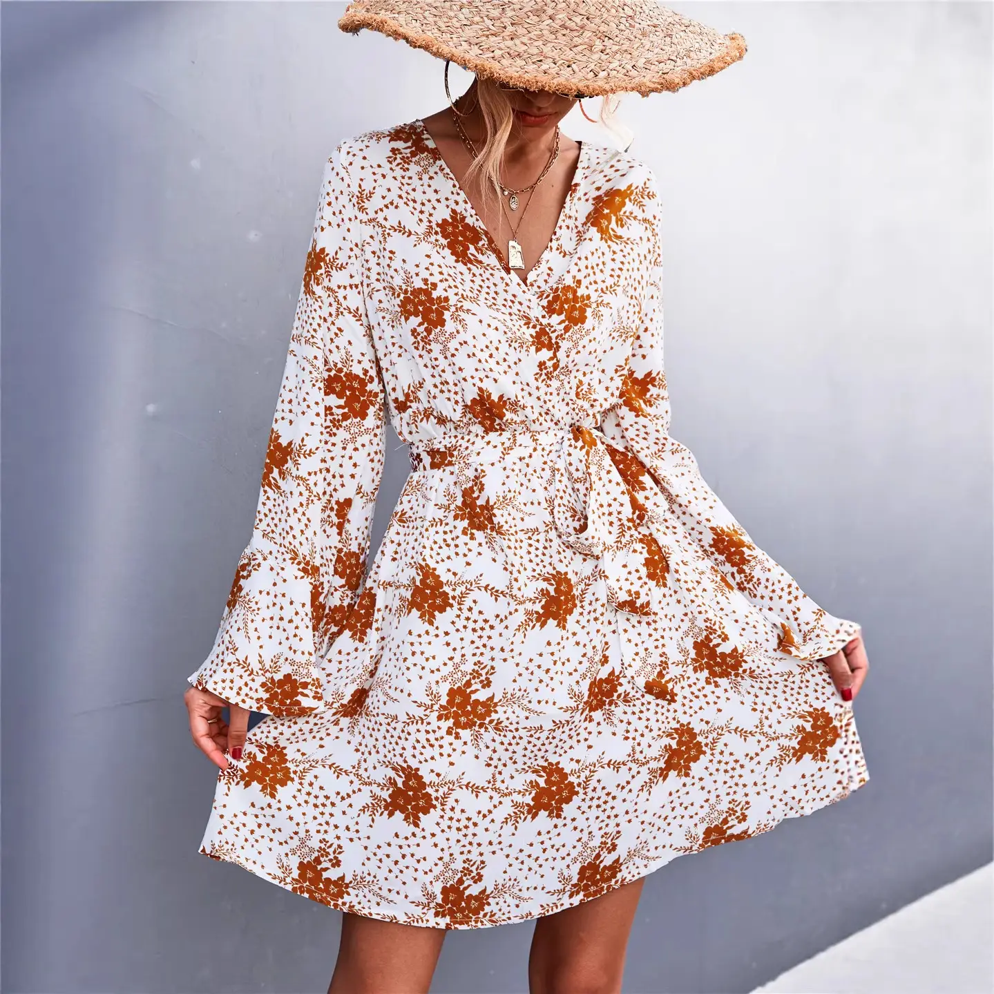 Bell Sleeve V-Neck Printed Long Sleeve Dress - Image 6