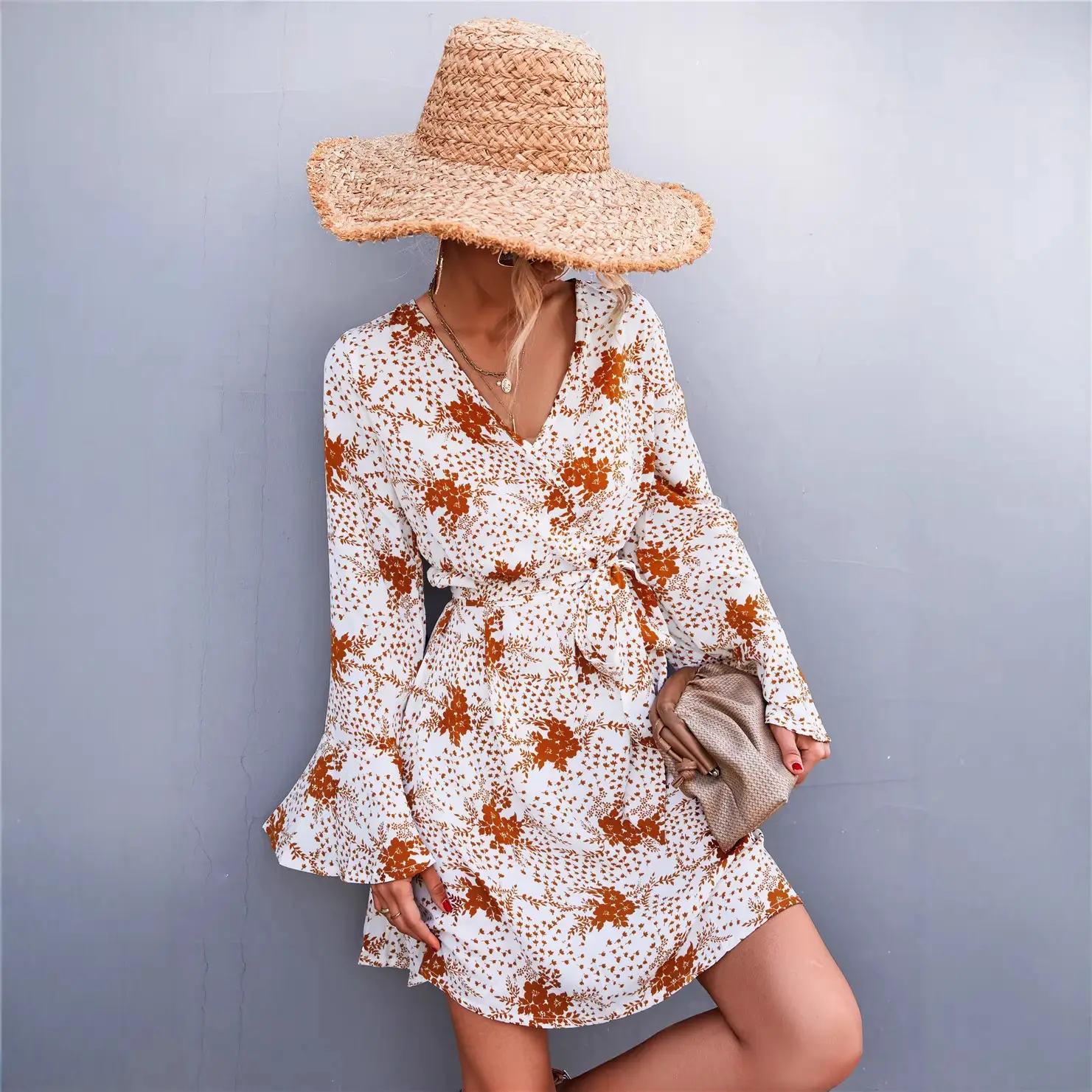Bell Sleeve V-Neck Printed Long Sleeve Dress - Image 7