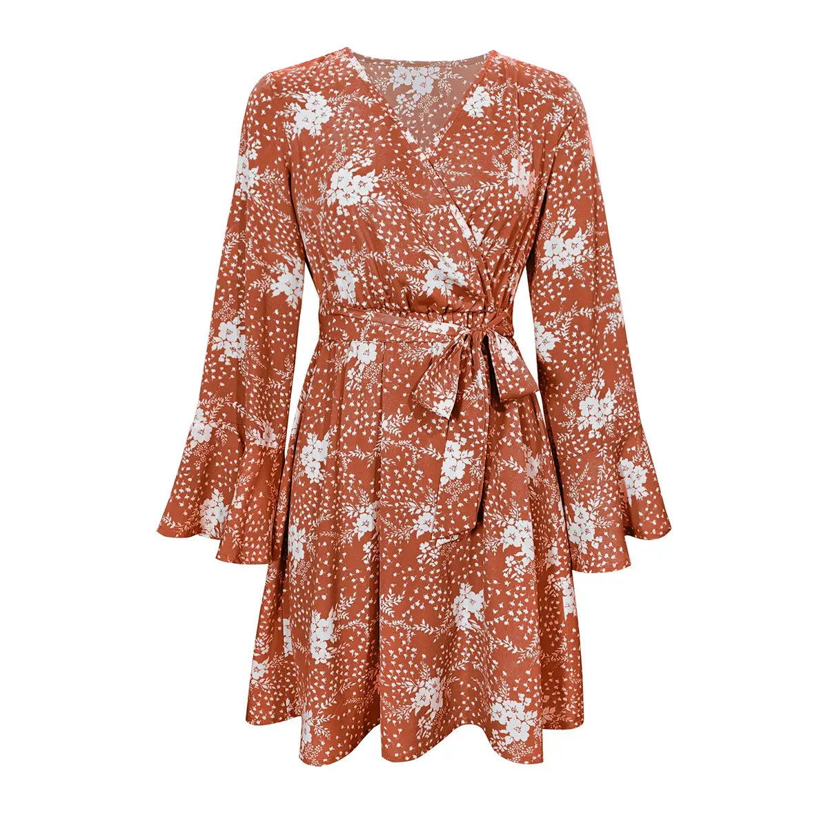 Bell Sleeve V-Neck Printed Long Sleeve Dress — feature 4
