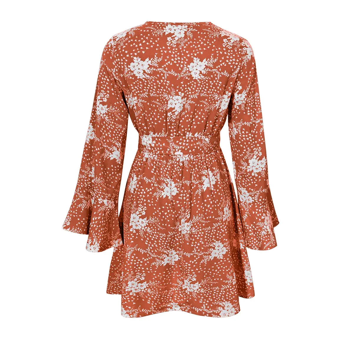 Bell Sleeve V-Neck Printed Long Sleeve Dress — feature 5