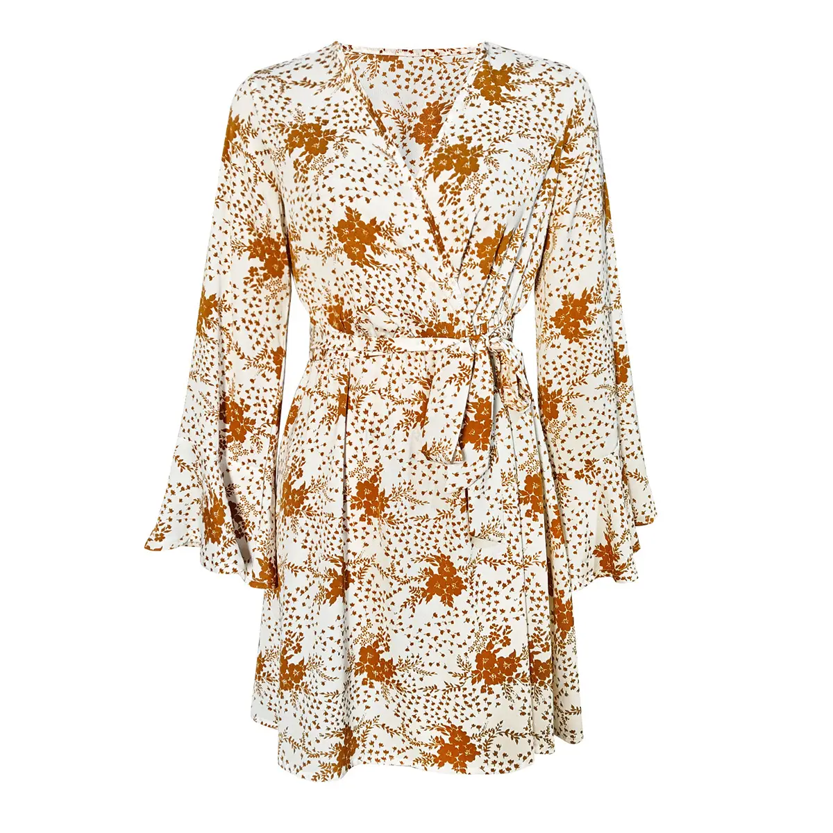 Bell Sleeve V-Neck Printed Long Sleeve Dress — feature 9