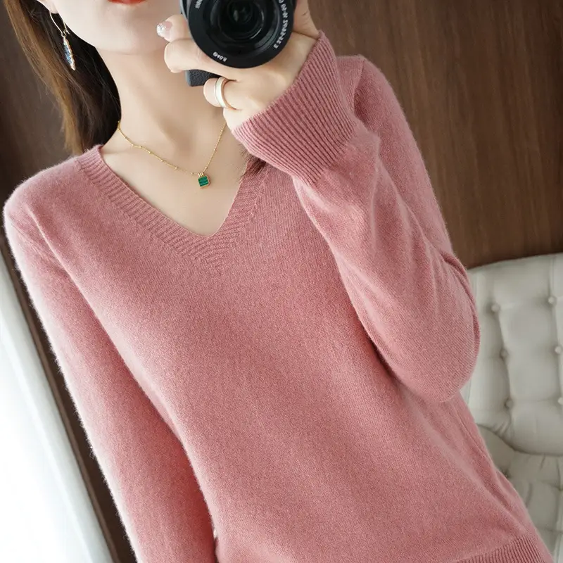 Red V Neck Long Sleeve Knit Pullover Women - Image 24