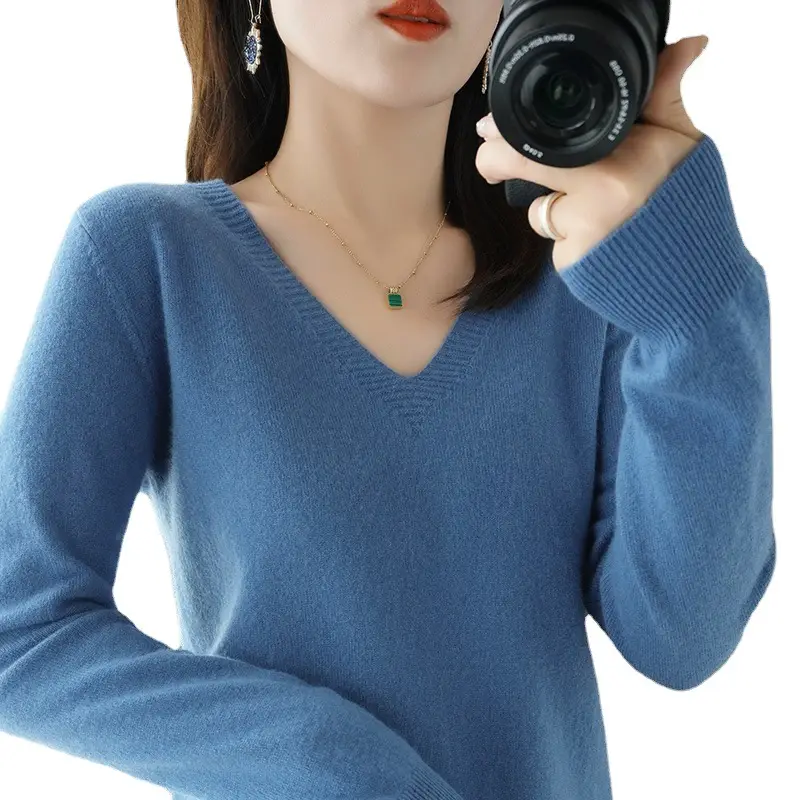 Red V Neck Long Sleeve Knit Pullover Women - Image 26